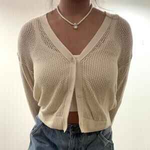 Uniqlo Cream Knit 100% Cotton V Neck Button Cardigan - XS Soft Girl